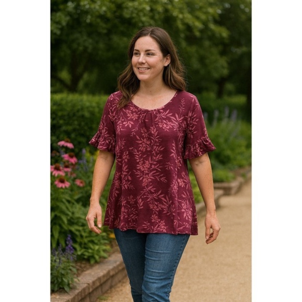 Woman Within Women Size 14/16 Floral 3/4 Bell Sleeves Peplum Purple Pullover Top
